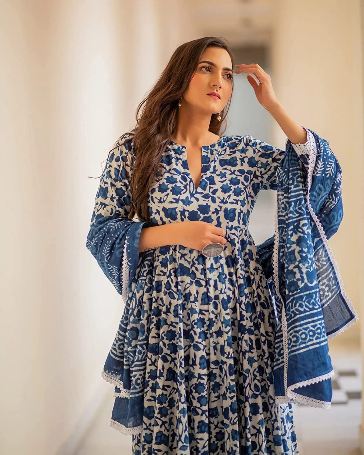 Women's Pure Cotton Printed Anarkali Kurta with Palazzos & Dupatta