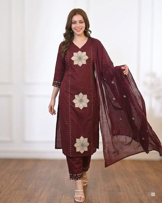 mul cotton Full Embroidery dupatta sets 3 piece set