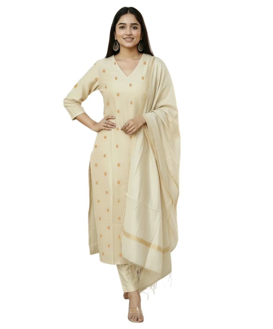 Kurta Pant Dupatta Set | Straight Kurti Set | V Neck 3/4 Sleeve Ethnic Outfit |