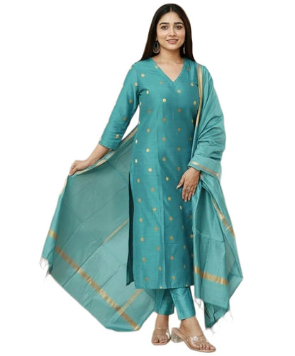 Kurta Pant Dupatta Set | Straight Kurti Set | V Neck 3/4 Sleeve Ethnic Outfit |