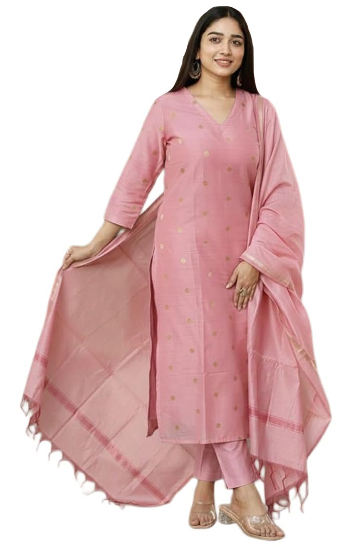 Kurta Pant Dupatta Set | Straight Kurti Set | V Neck 3/4 Sleeve Ethnic Outfit |