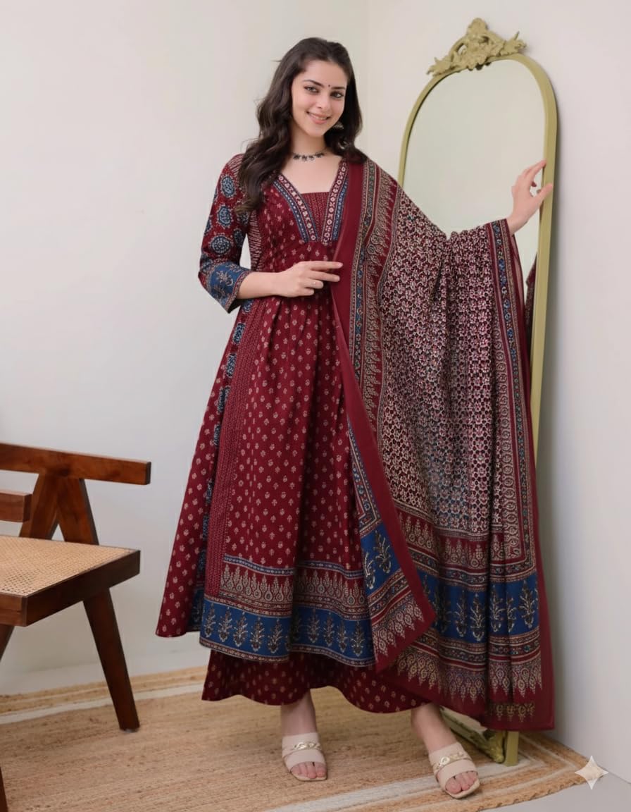 Women's Rayon Printed Anarkali Kurta and Pant with Dupatta Set