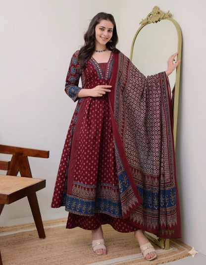 Women's Rayon Printed Anarkali Kurta and Pant with Dupatta Set