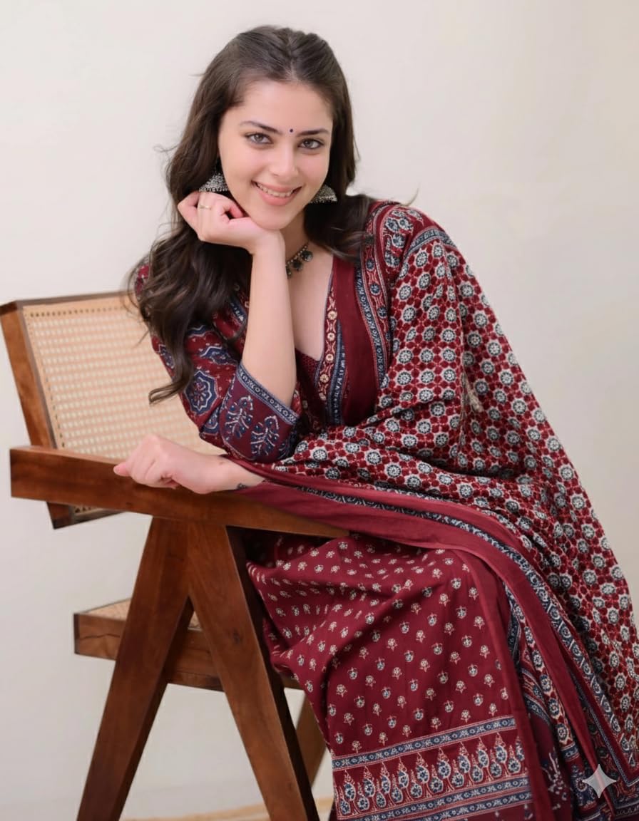 Women's Rayon Printed Anarkali Kurta and Pant with Dupatta Set