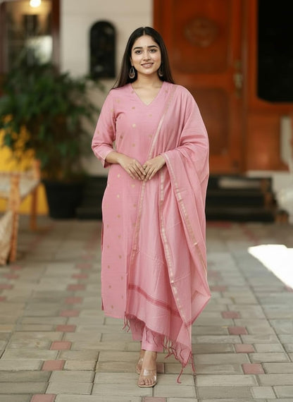 Kurta Pant Dupatta Set | Straight Kurti Set | V Neck 3/4 Sleeve Ethnic Outfit |