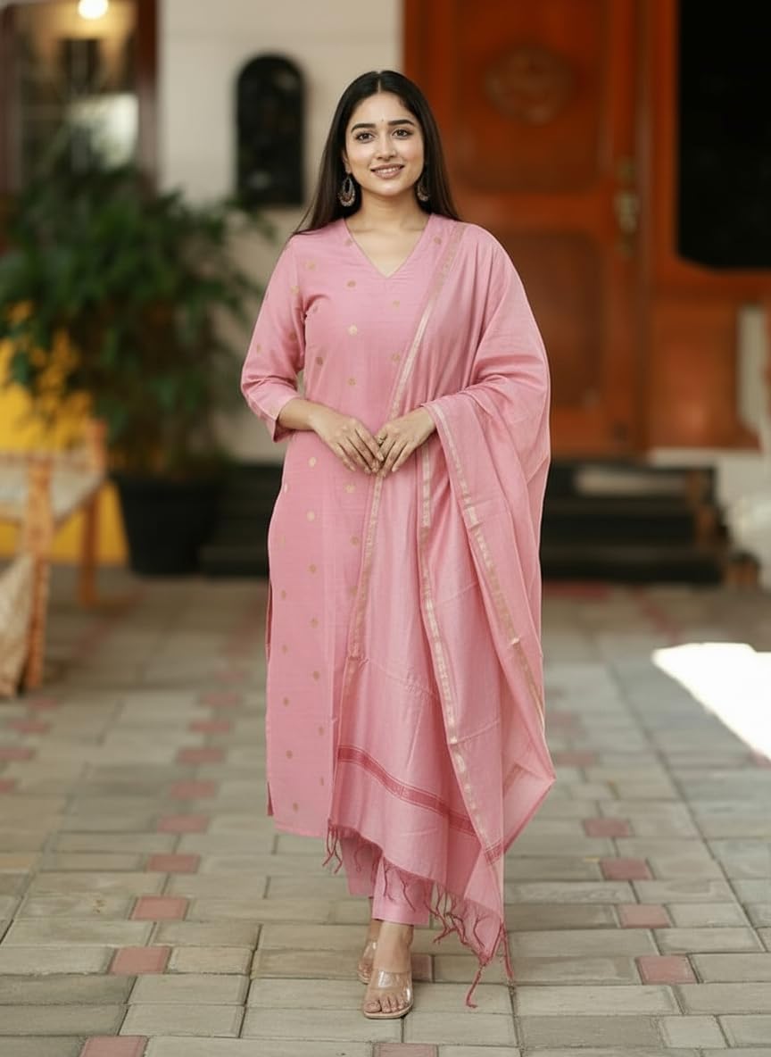Kurta Pant Dupatta Set | Straight Kurti Set | V Neck 3/4 Sleeve Ethnic Outfit |