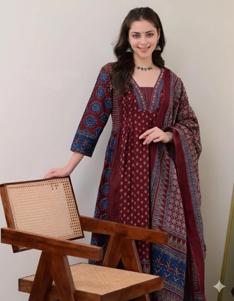 Women's Rayon Printed Anarkali Kurta and Pant with Dupatta Set