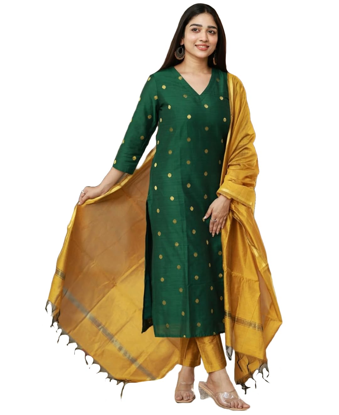 Kurta Pant Dupatta Set | Straight Kurti Set | V Neck 3/4 Sleeve Ethnic Outfit |