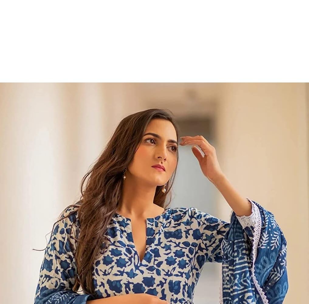 Women's Pure Cotton Printed Anarkali Kurta with Palazzos & Dupatta