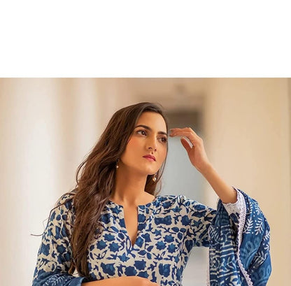 Women's Pure Cotton Printed Anarkali Kurta with Palazzos & Dupatta