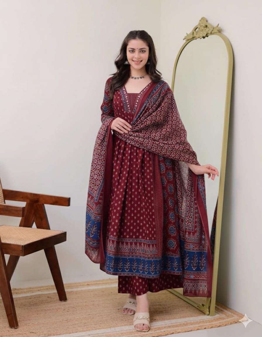 Women's Rayon Printed Anarkali Kurta and Pant with Dupatta Set