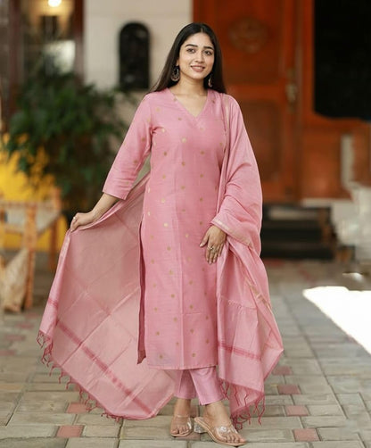 Kurta Pant Dupatta Set | Straight Kurti Set | V Neck 3/4 Sleeve Ethnic Outfit |