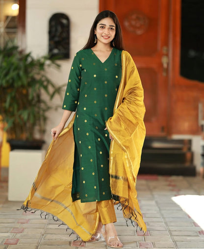 Kurta Pant Dupatta Set | Straight Kurti Set | V Neck 3/4 Sleeve Ethnic Outfit |