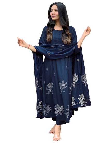 Rayon Blend Anarkali Printed Kurta with Pant & Dupatta