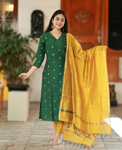 Kurta Pant Dupatta Set | Straight Kurti Set | V Neck 3/4 Sleeve Ethnic Outfit |