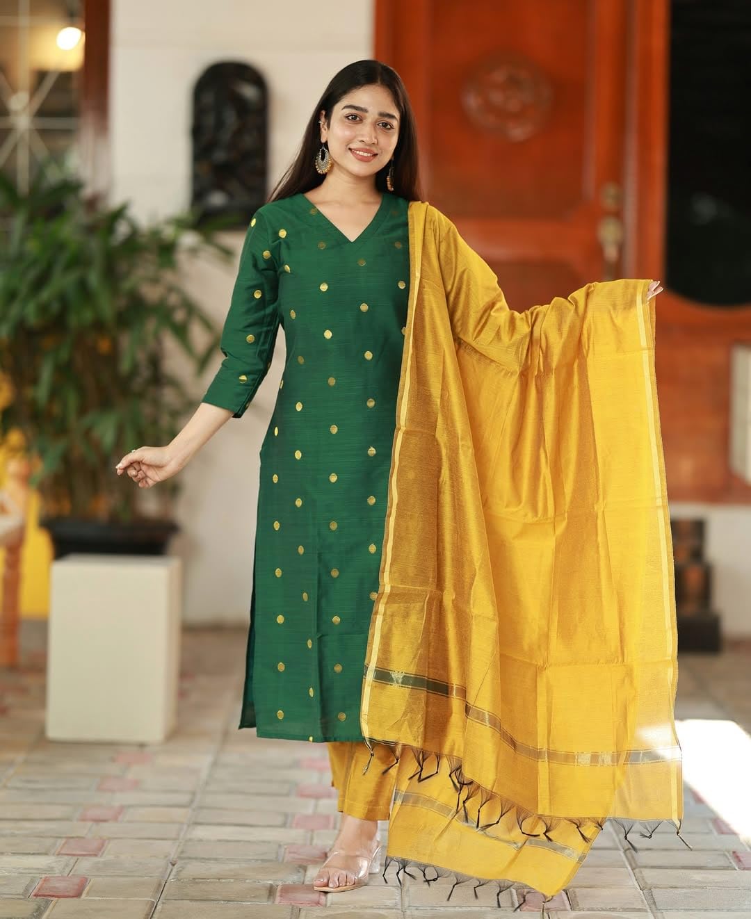 Kurta Pant Dupatta Set | Straight Kurti Set | V Neck 3/4 Sleeve Ethnic Outfit |
