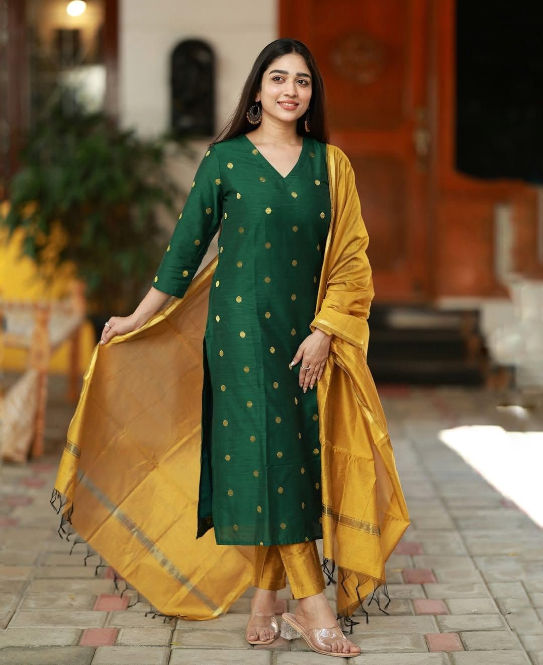 Kurta Pant Dupatta Set | Straight Kurti Set | V Neck 3/4 Sleeve Ethnic Outfit |