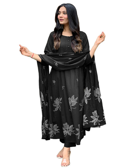 Rayon Blend Anarkali Printed Kurta with Pant & Dupatta