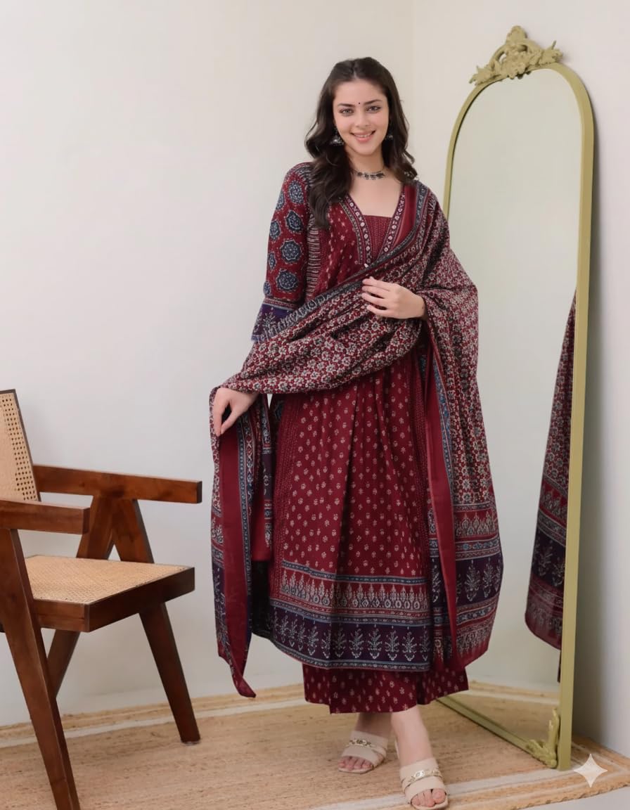 Women's Rayon Printed Anarkali Kurta and Pant with Dupatta Set