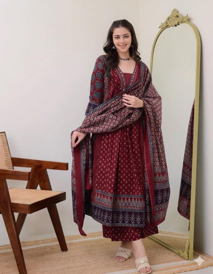 Women's Rayon Printed Anarkali Kurta and Pant with Dupatta Set