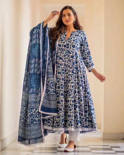 Cotton Printed Anarkali Kurta with Palazzo & Dupatta Set