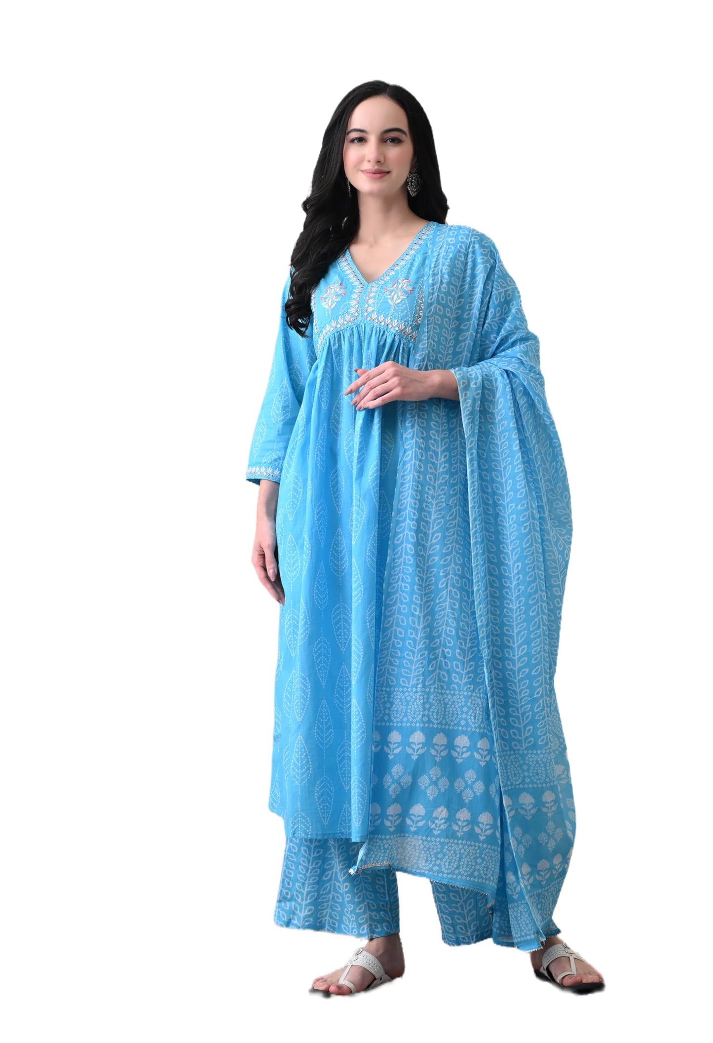Alia Cut Kurta Palazzo and Dupatta Set,Pure Cotton, with Embroidery,