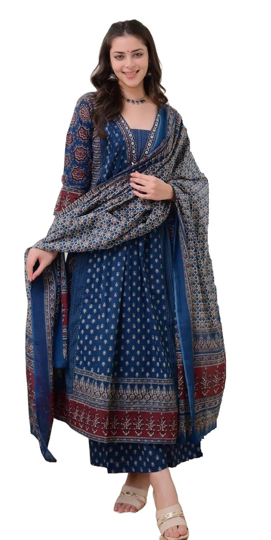 Women's Rayon Printed Anarkali Kurta and Pant with Dupatta Set