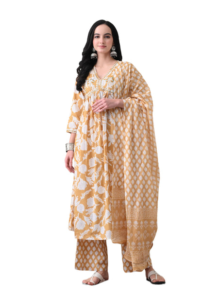 Alia Cut Kurta Palazzo and Dupatta Set,Pure Cotton, with Embroidery,