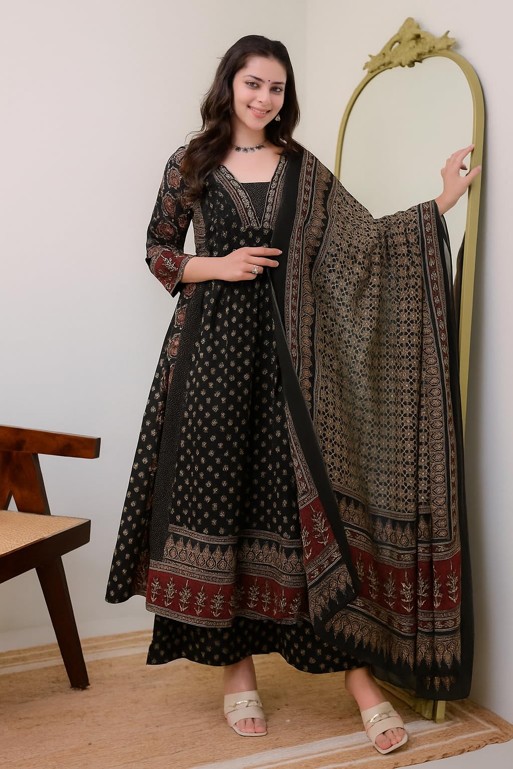 Women's Rayon Printed Anarkali Kurta and Pant with Dupatta Set