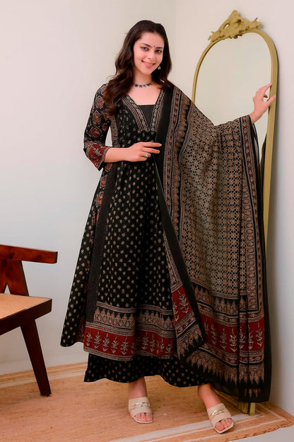 Women's Rayon Printed Anarkali Kurta and Pant with Dupatta Set