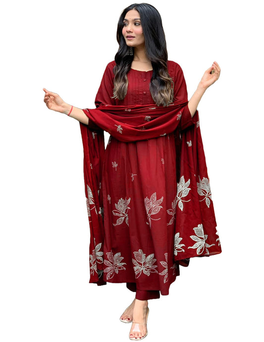 Rayon Blend Anarkali Printed Kurta with Pant & Dupatta