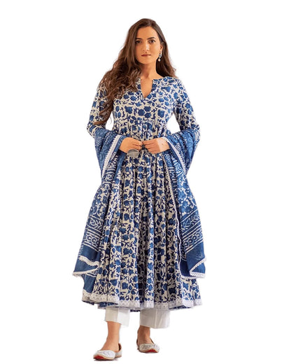 Cotton Printed Anarkali Kurta with Palazzo & Dupatta Set