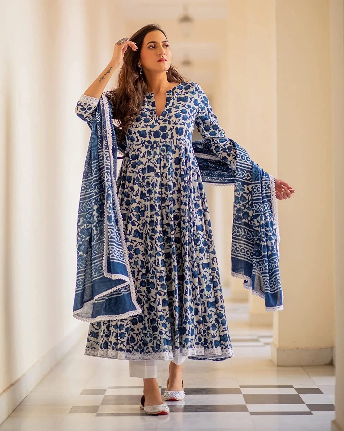 Women's Pure Cotton Printed Anarkali Kurta with Palazzos & Dupatta