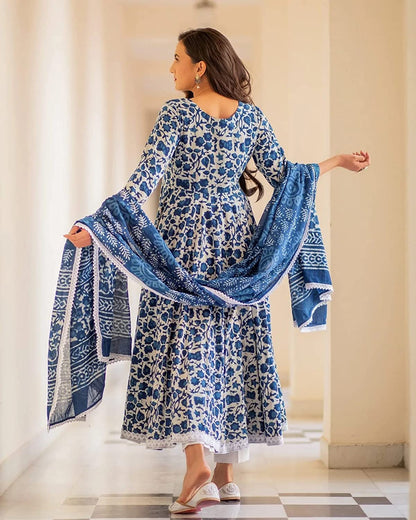 Women's Pure Cotton Printed Anarkali Kurta with Palazzos & Dupatta