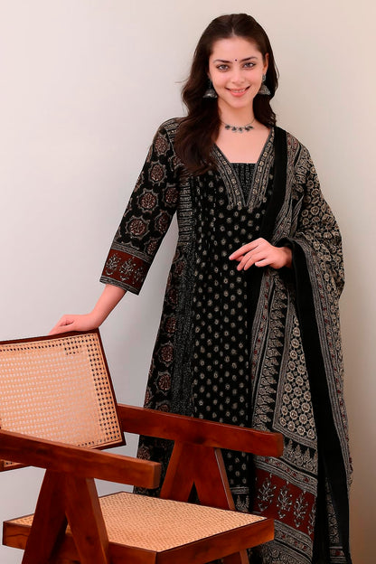 Women's Rayon Printed Anarkali Kurta and Pant with Dupatta Set