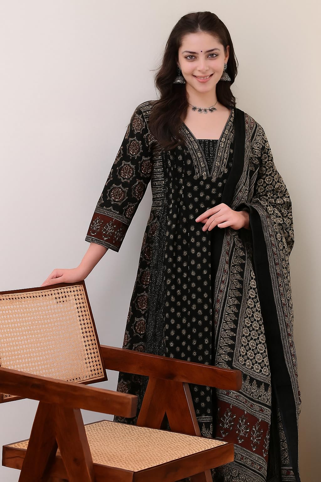 Women's Rayon Printed Anarkali Kurta and Pant with Dupatta Set