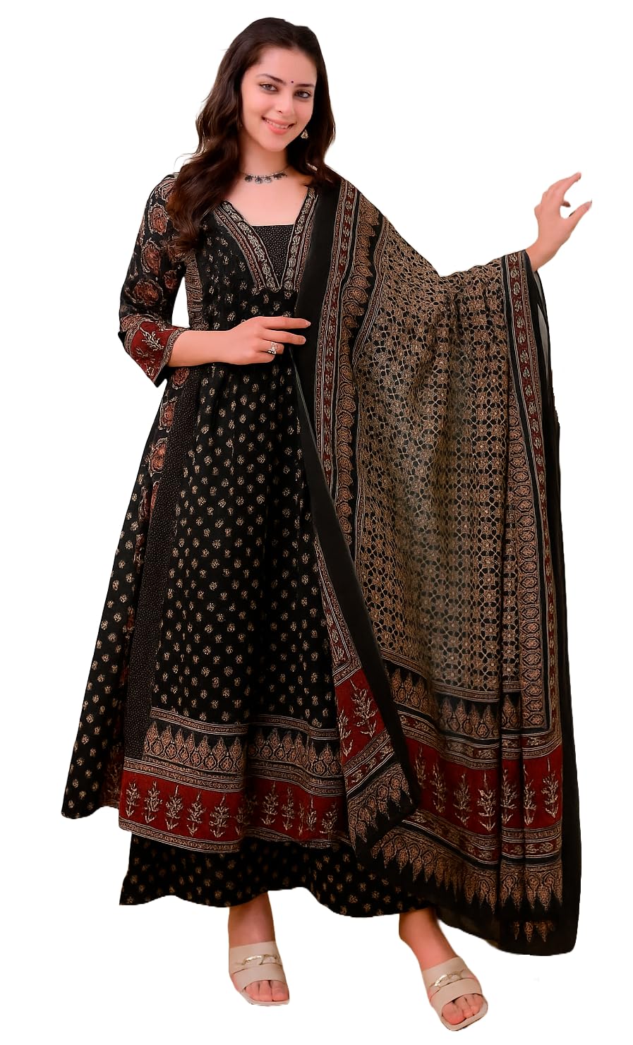 Women's Rayon Printed Anarkali Kurta and Pant with Dupatta Set