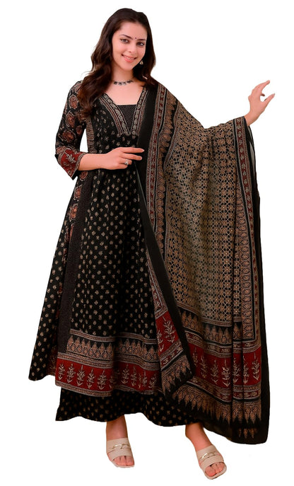 Women's Rayon Printed Anarkali Kurta and Pant with Dupatta Set