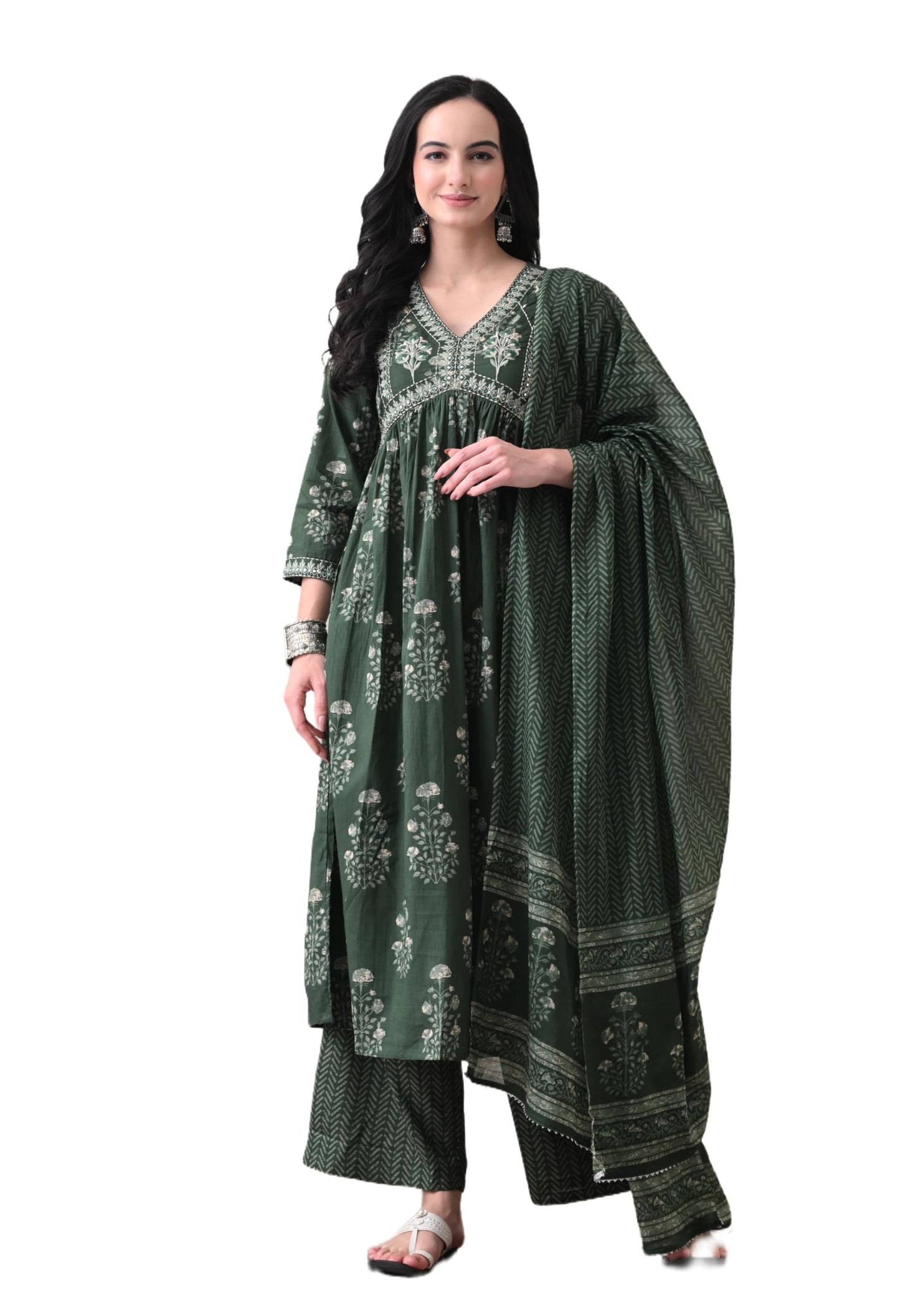 Alia Cut Kurta Palazzo and Dupatta Set,Pure Cotton, with Embroidery,