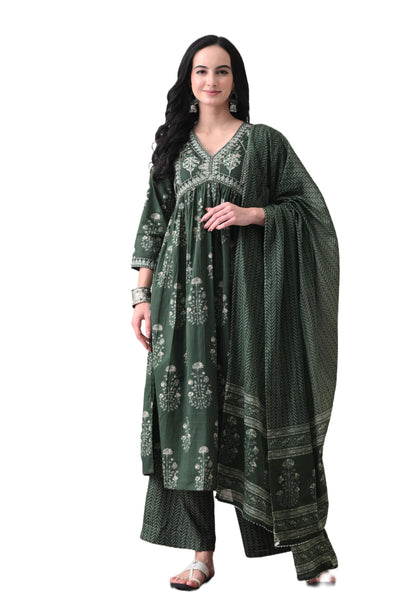 Alia Cut Kurta Palazzo and Dupatta Set,Pure Cotton, with Embroidery,