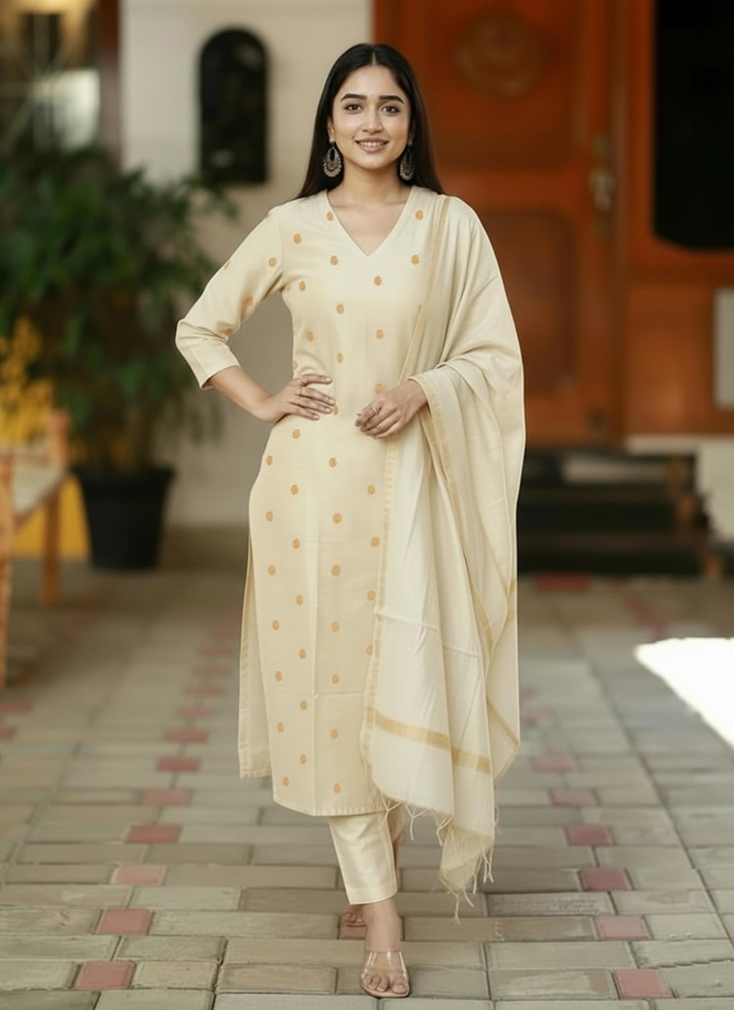 Kurta Pant Dupatta Set | Straight Kurti Set | V Neck 3/4 Sleeve Ethnic Outfit |
