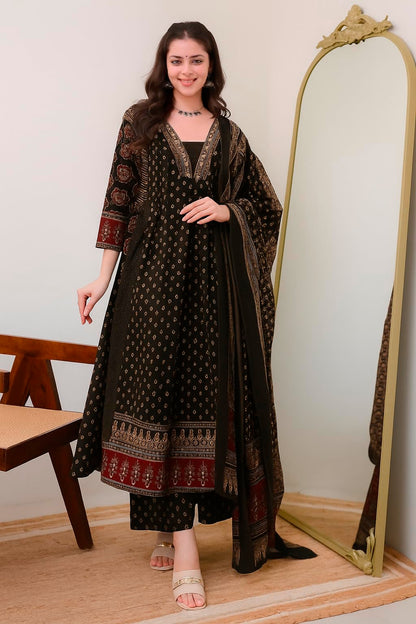 Women's Rayon Printed Anarkali Kurta and Pant with Dupatta Set
