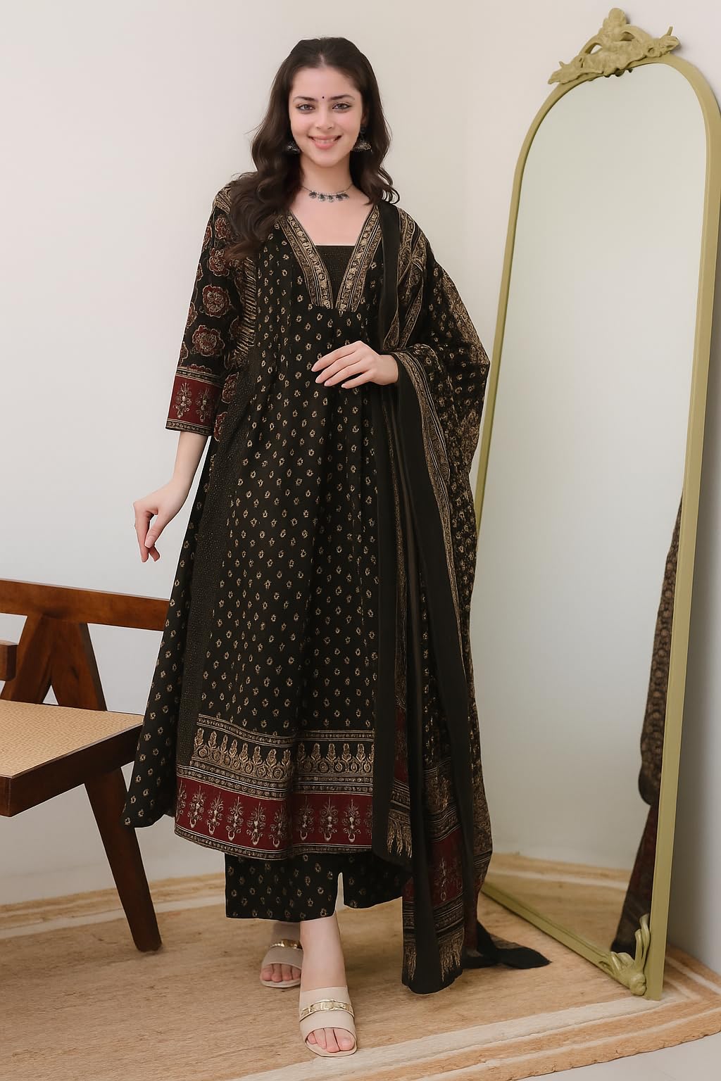 Women's Rayon Printed Anarkali Kurta and Pant with Dupatta Set