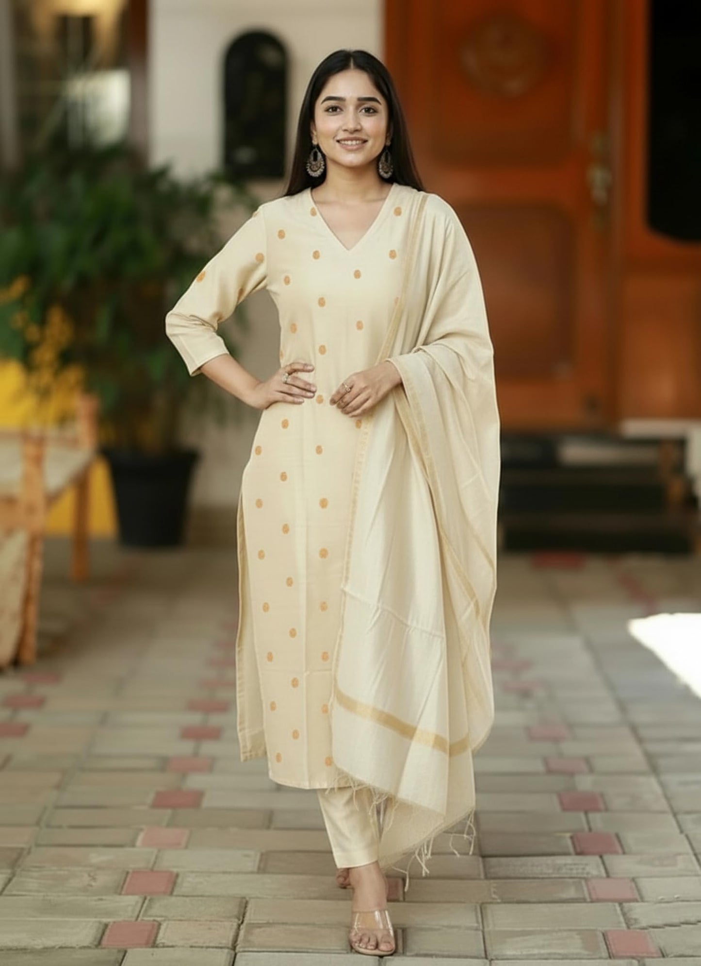 Kurta Pant Dupatta Set | Straight Kurti Set | V Neck 3/4 Sleeve Ethnic Outfit |