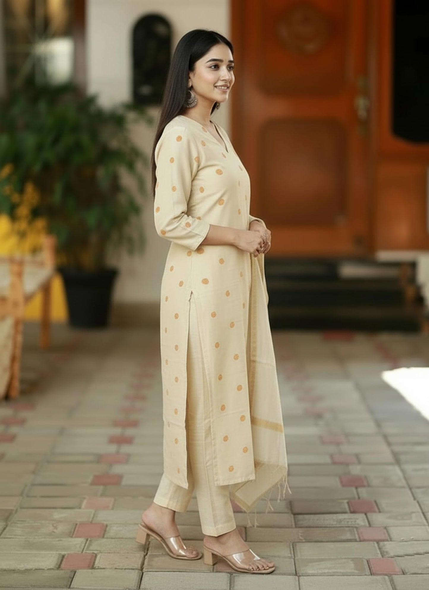 Kurta Pant Dupatta Set | Straight Kurti Set | V Neck 3/4 Sleeve Ethnic Outfit |