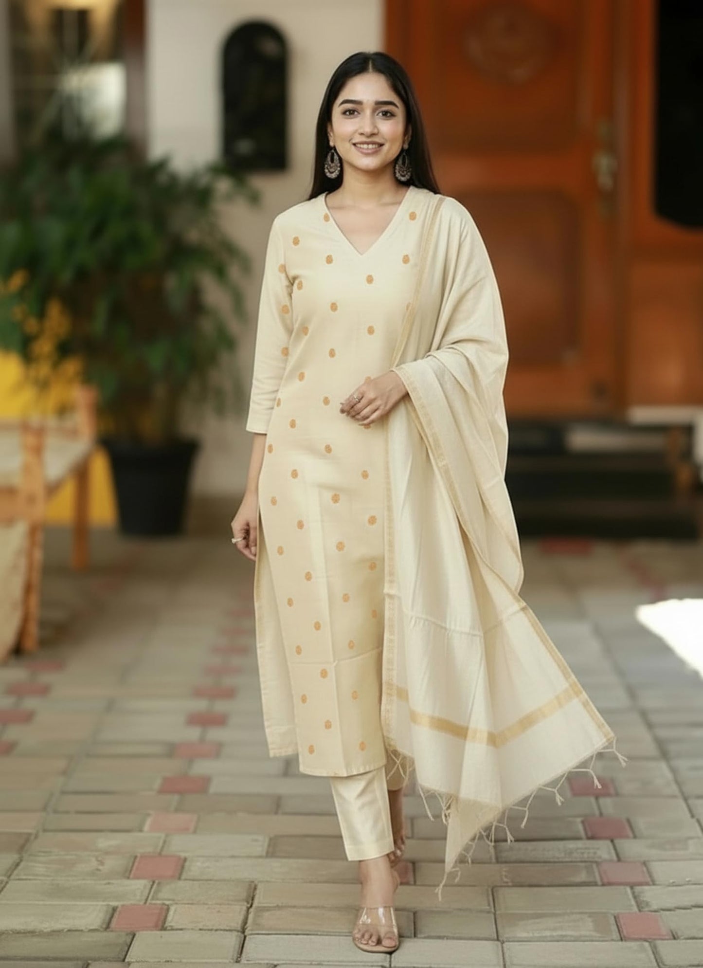 Kurta Pant Dupatta Set | Straight Kurti Set | V Neck 3/4 Sleeve Ethnic Outfit |