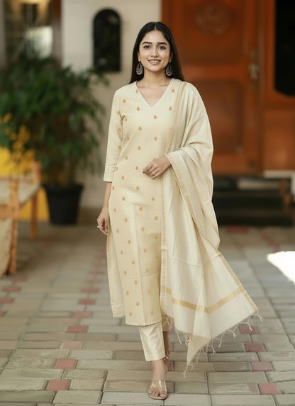 Kurta Pant Dupatta Set | Straight Kurti Set | V Neck 3/4 Sleeve Ethnic Outfit |