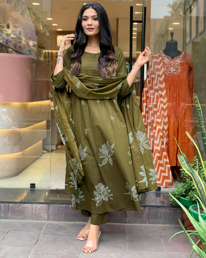 Rayon Blend Anarkali Printed Kurta with Pant & Dupatta