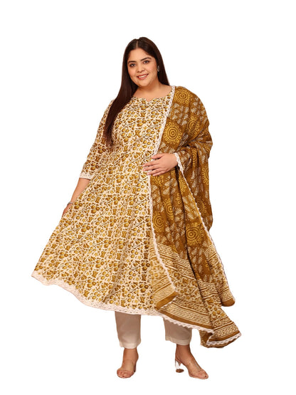 Women's Pure Cotton Printed Anarkali Kurta with Palazzos & Dupatta