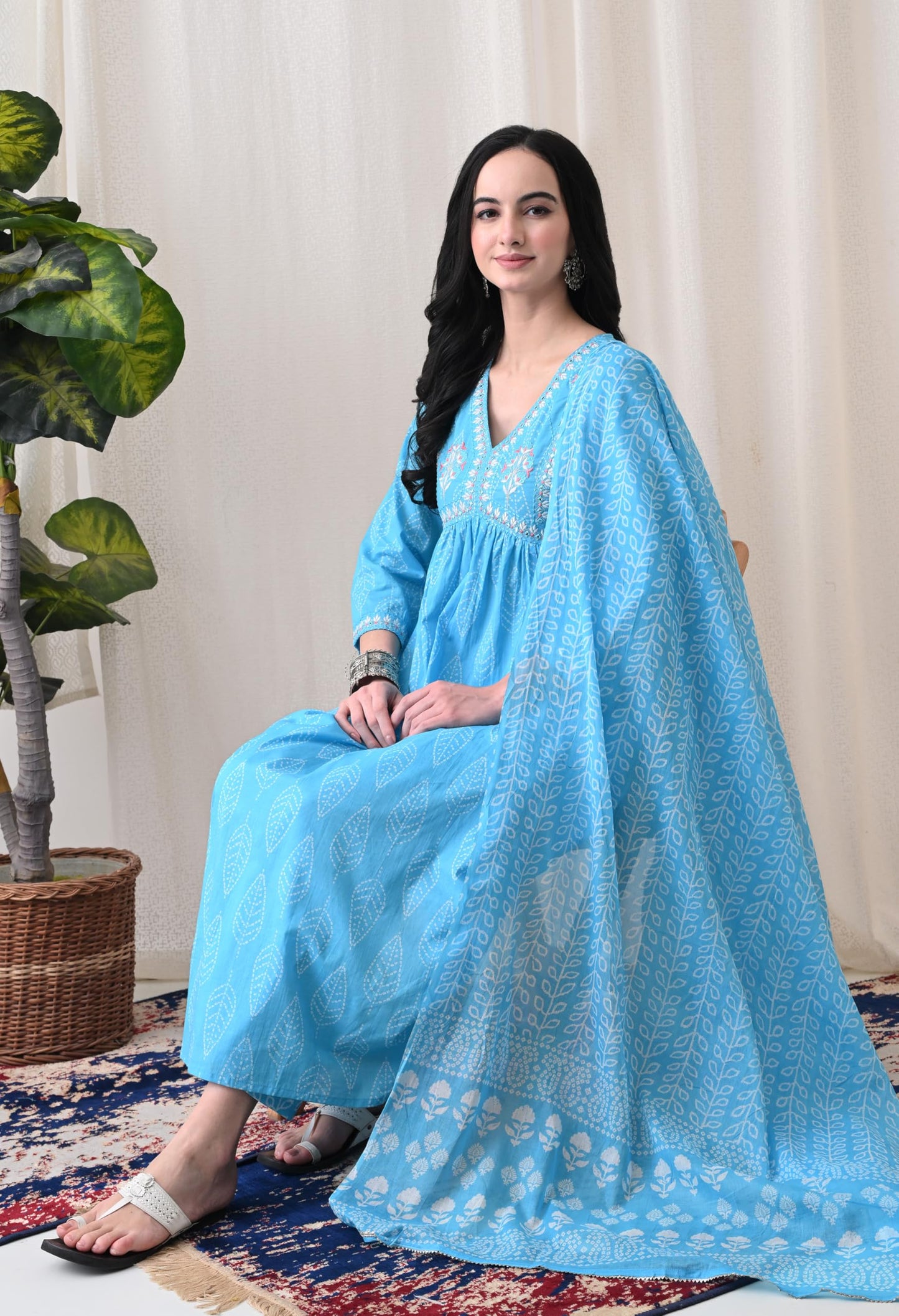 Alia Cut Kurta Palazzo and Dupatta Set,Pure Cotton, with Embroidery,